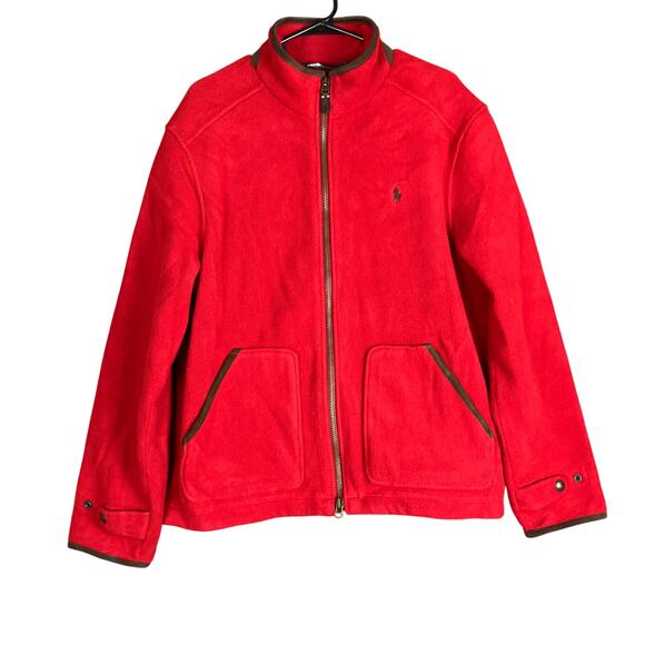 Vintage Polo By Ralph Lauren Mens Jacket Red Fleece Brown Leather Trim XL - Picture 1 of 12